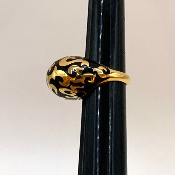 Black Enamel Gold Tone REBECCA Chunky Dome Swirl Pattern Ring Size 6.75 J728 - Picture 11 of 12